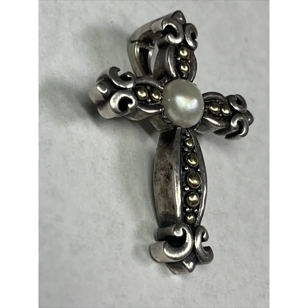 EFFY 18k And Sterling Silver Cross Crucifix Pendant Faux Pearl No Necklace RARE - Picture 4 of 12